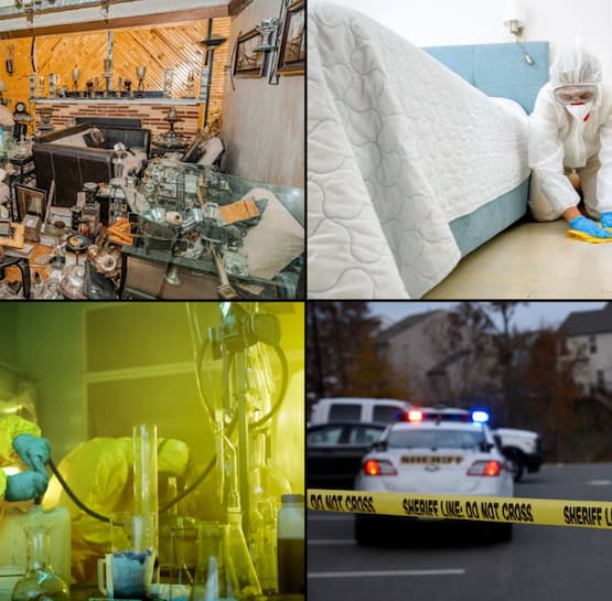 Collage of hoarding scenes, blood, drug labs, and accident cleanup service