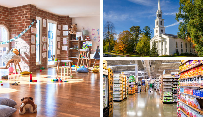 Collage of day cares, churches and retail store
