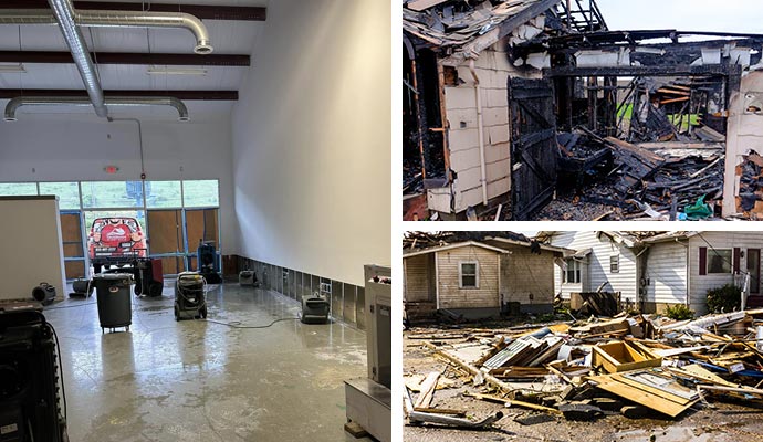 Collage of water, fire, and storm damage restoration service on residential property.