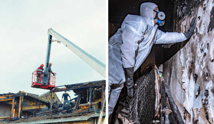 Collage of fire and smoke damage restoration projects.