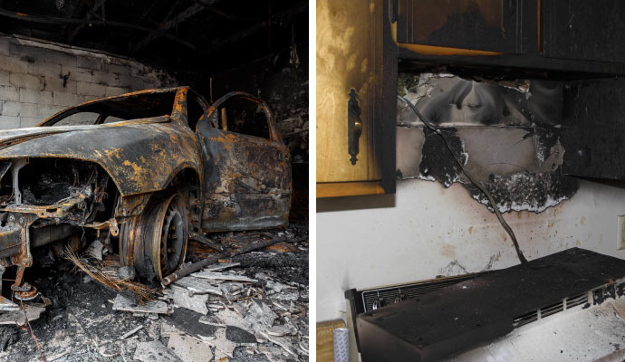 Collage of fire damage garage and kitchen