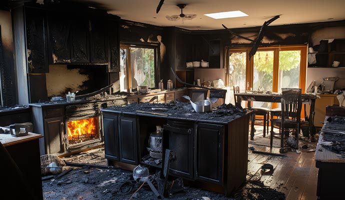 Fire damaged kitchen interior with burnt cabinets and smoke-stained walls